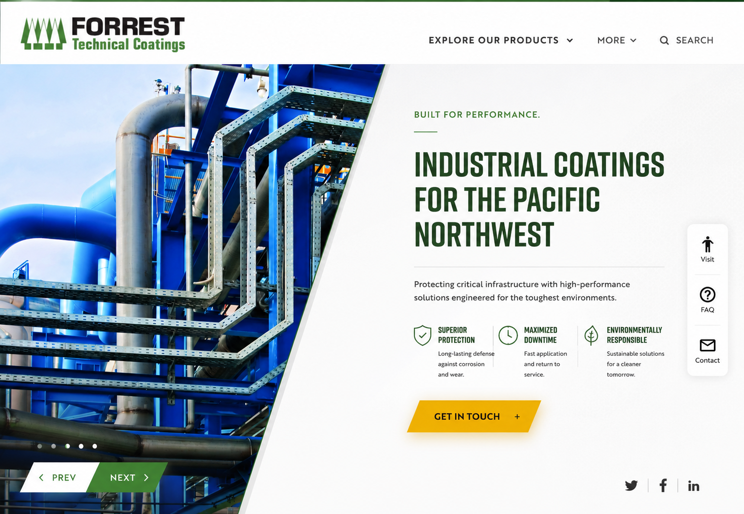 Forrest Technical Coatings B2B manufacturing website screenshot showing technical products and specifications