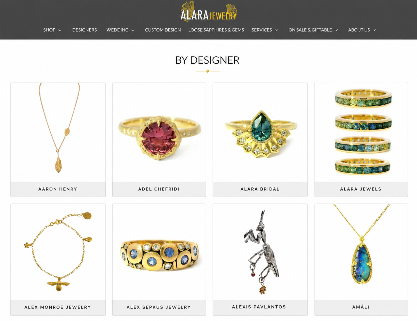 Alara Jewelry website screenshot showing high-ticket jewelry product pages