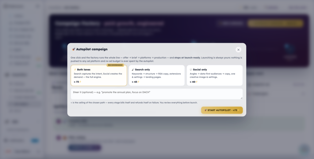 Autopilot: search, social or both lanes, stopping at launch-ready